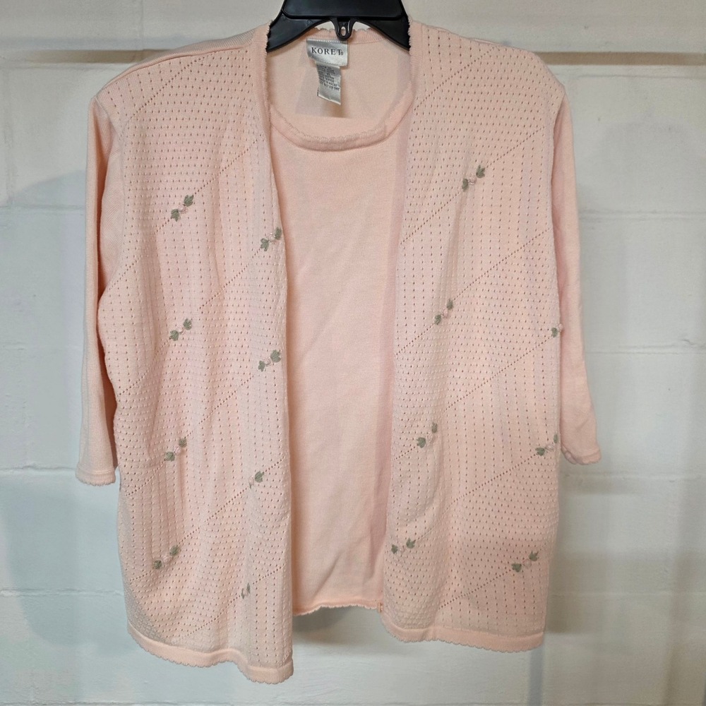 Koret 90s Women XL Pink Pointelle Faux Cardigan Shell Sweater Floral Cottagecore